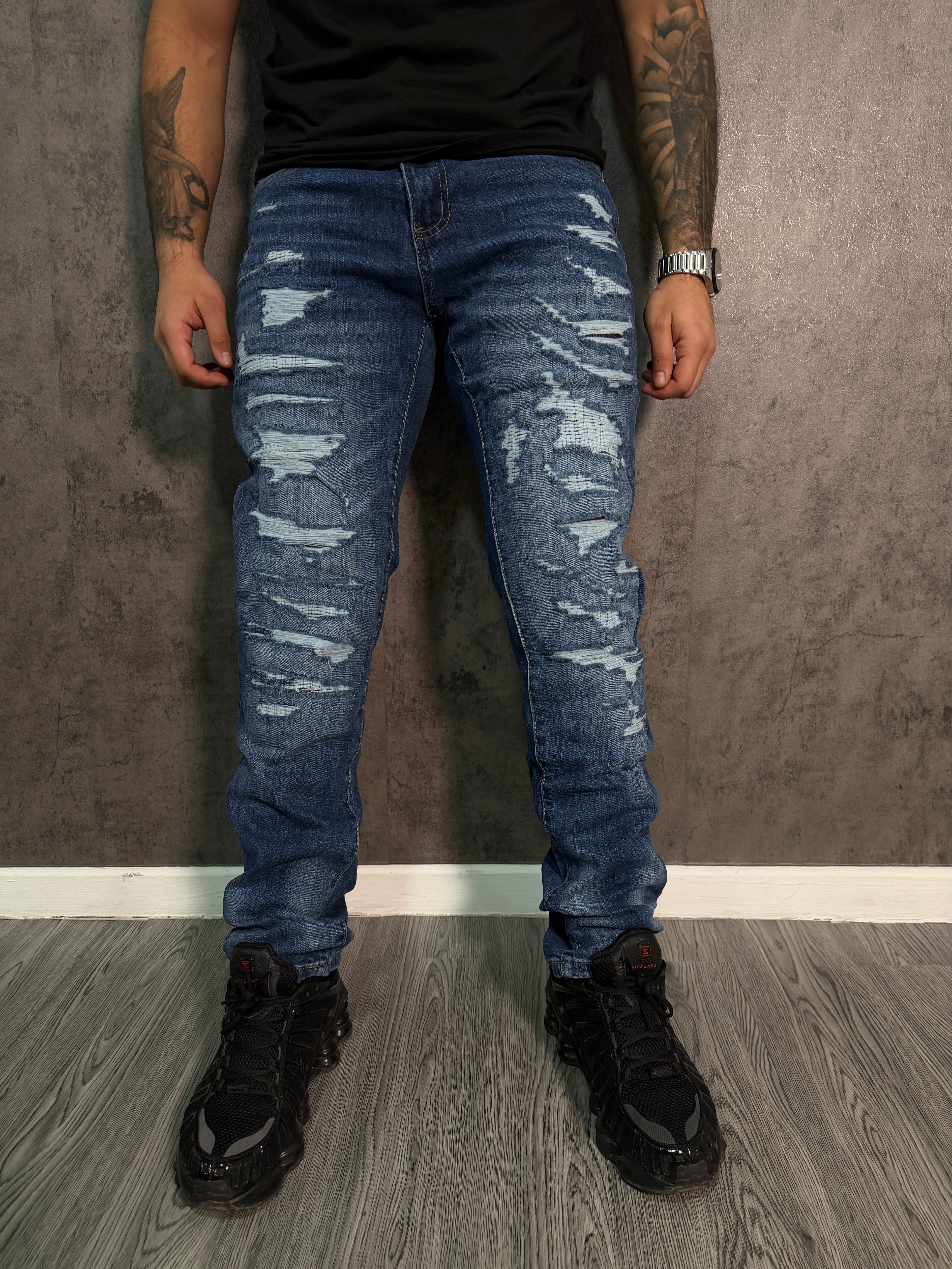 Jeans Slim Fit Destroyed Azul Medio