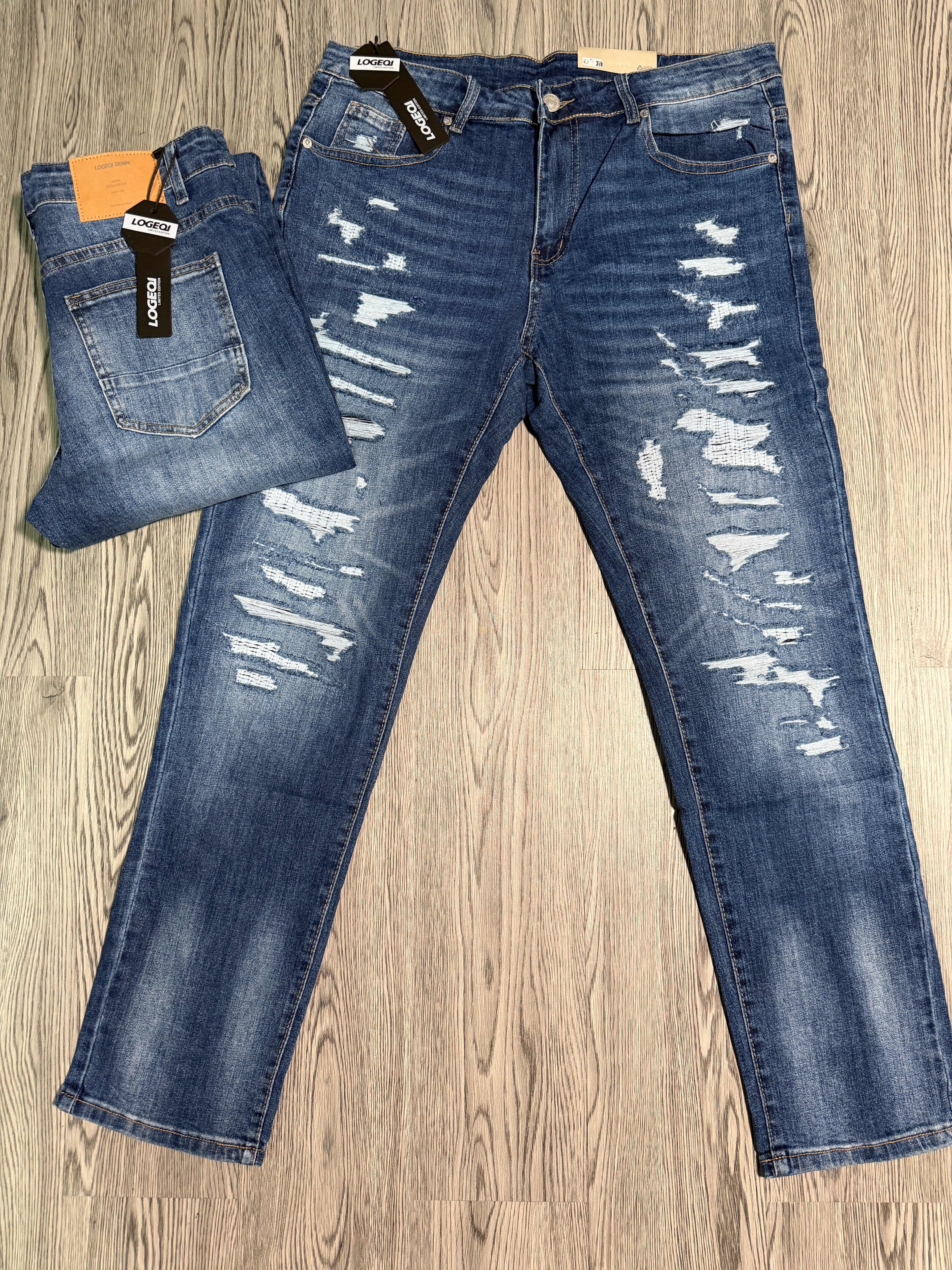 Jeans Slim Fit Destroyed Azul Medio